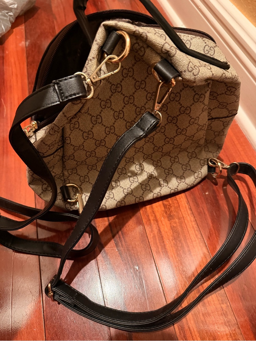 Mini Gucci Style Tan GG Supreme Canvas Mini Backpack with Green-Red Stripe - Picture 3 of 3